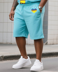 Men's Plus Size Tiffany Blue Creative Stripe Print T-Shirt Shorts Suit