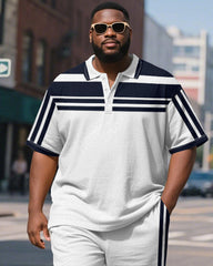 Men's Plus Size Business Blue Stripe Print Short Sleeve Polo Shirt Shorts Suit