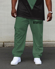 Men's Plus Size Casual Black & Green Geometric "Respect" Slogan Short Sleeve T-Shirt Trousers Suit