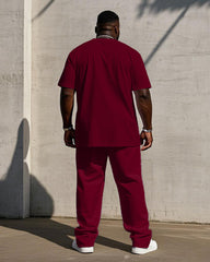 Men's Plus Size Casual Wine Red Color-block Line Chest Small Label Printed Short-sleeved T-shirt Trousers Suit