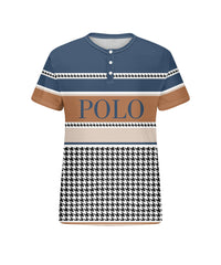 Men's Plus Size Casual Daily Blue Colorblock Houndstooth Print Henry Collar Button Short Sleeve T-Shirt