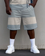 Men's Big Size Simple Stripe PO Printed Casual Short Sleeve T-Shirt and Shorts Set