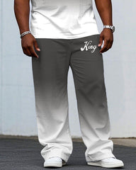 Men's Plus Size Casual Grey & White Chest "king" Slogan Printed Short-sleeved T-shirt Pants Suit