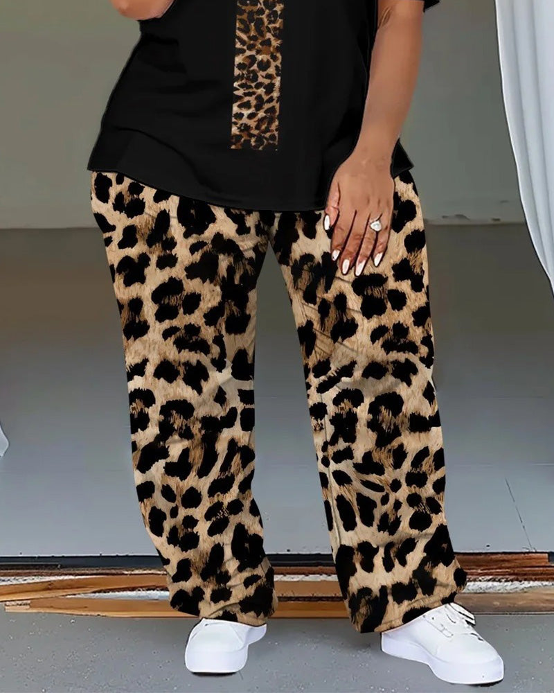 Women's Big & Tall Cross Leopard Print T-Shirt and Trousers Set