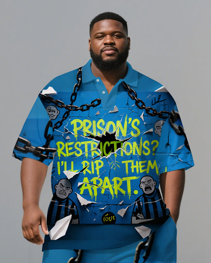 Big Men's Chain and Cartoon PRISON Lettering Loose Short-Sleeve Polo Shirt & Shorts Set