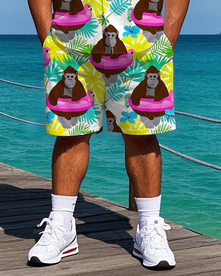 Big Men's Hawaiian Cartoon Chimpanzee in Swim Ring Printed Casual Short Sleeve Shirt Shorts Set