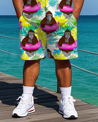 Big Men's Hawaiian Cartoon Chimpanzee in Swim Ring Printed Casual Short Sleeve Shirt Shorts Set