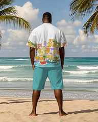 Big & Tall Men's Hawaiian Color Graffiti House Printed Crewneck Short Sleeve T-Shirt Shorts Suit