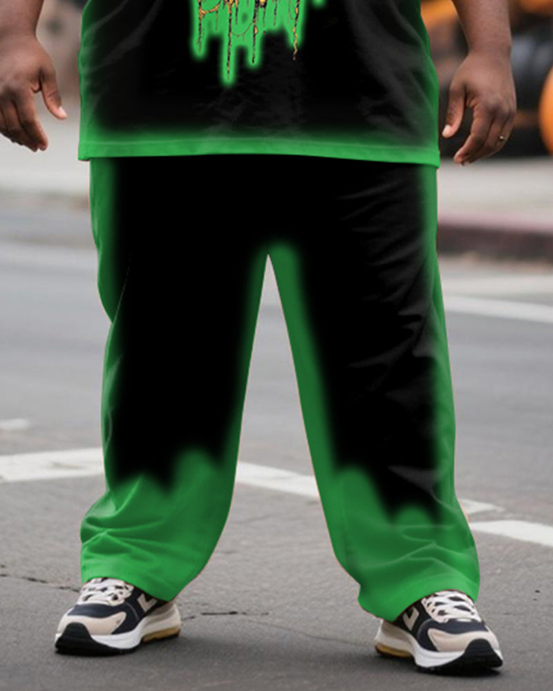 Big & Tall Men's Halloween Pumpkin Fluorescent Green Contrast Printed T-Shirt Pants Suit