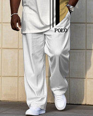 Men's Big & Tall White & Khaki Color-block Small Label Printed Short-sleeved T-shirt Trousers Set