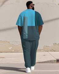 Men's Plus Size Blue Colorblock Printed Henry Collar T-Shirt Trousers Suit