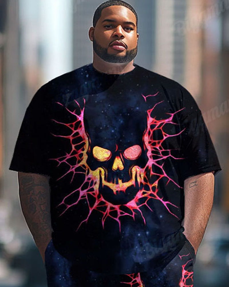 Men's Plus Size Street Fashion Electric Shock Skull Print T-Shirt Trousers Suit