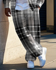 Big Guy's Gradient Black & White Plaid Printed Daily Casual Long Sleeve Shirt Pants Set