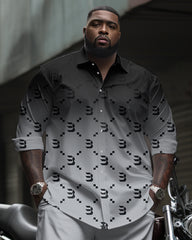 Big & Tall Men's Business Black Gray Gradient B Letter Pattern Printed Long Sleeve Shirt Trousers Suit