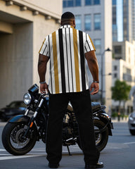 Men's Plus Size Black & White & Khaki Striped Short Sleeve Shirt Trousers Suit