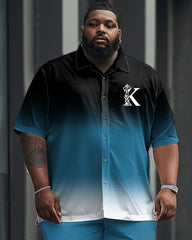 Men's Plus Size Business Simple Gradient K Letter Printing Short Sleeve Shirt Suit