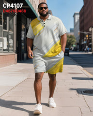 Big & Tall Men's Business Yellow Brush Stroke Line Graffiti Print Short Sleeve Polo Shirt Shorts Suit