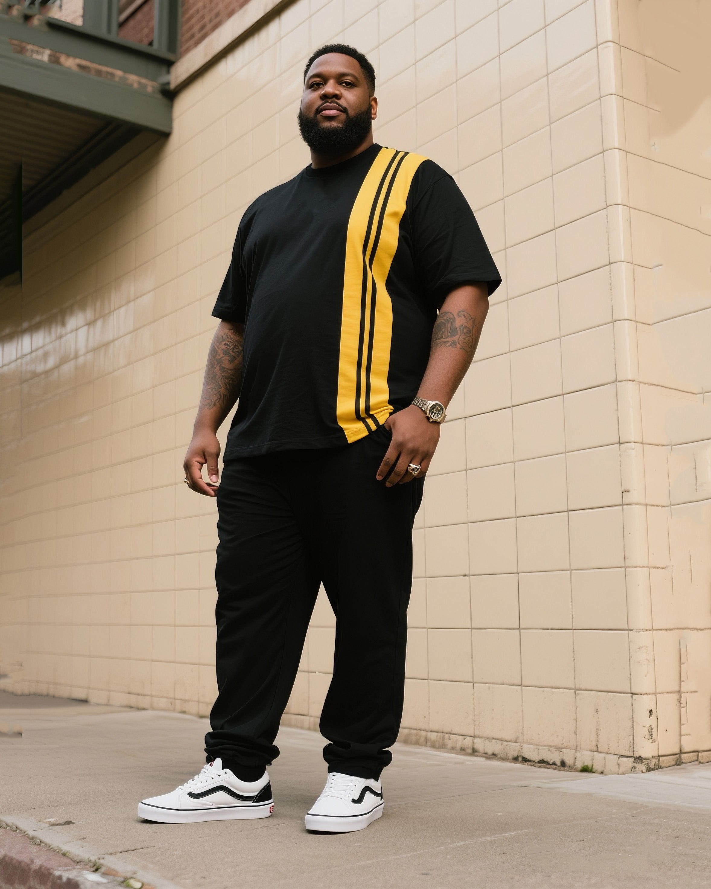 Big Boy's Daily Casual Black Spell Turmeric Striped Round Neck Short-sleeved T-shirt Trousers