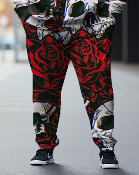 Men's Large Size Street Skull Rose Graffiti Fun Print Hoodie (Pack of Two)