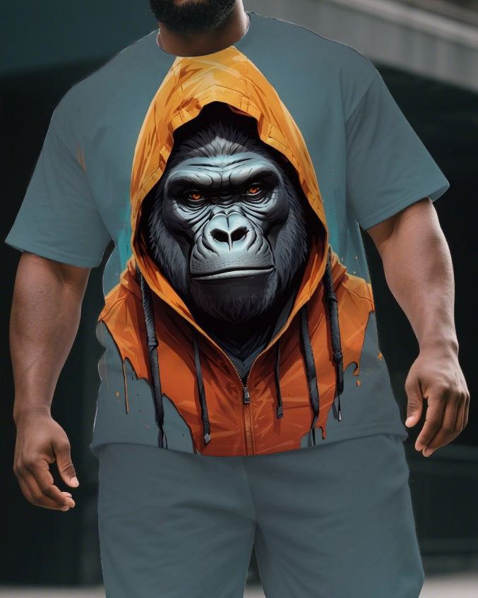 Big & Tall Men's Daily Casual Hoodie Gorillas Street Cartoon Short-Sleeved T-shirt and Short Set