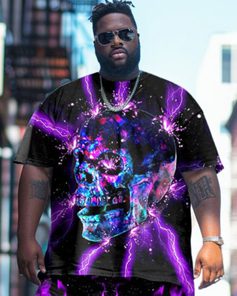 Men's Plus Size Street Fashion Electric Shock Spark Skull Print T-Shirt Shorts Set