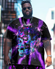 Men's Plus Size Street Fashion Electric Shock Spark Skull Print T-Shirt Shorts Set