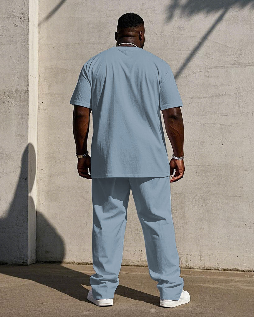 Men's Plus Size Casual Vertical Stripes Chest Handwritten "Respect" Slogan Printed Short Sleeve T-Shirt Trousers Suit