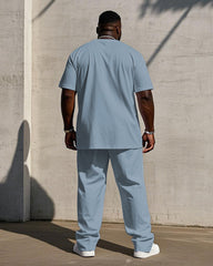 Men's Plus Size Casual Vertical Stripes Chest Handwritten "Respect" Slogan Printed Short Sleeve T-Shirt Trousers Suit