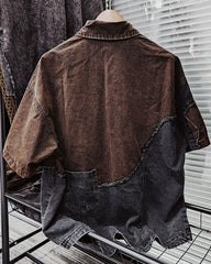 M-2XL Street Fashion Black Brown Washed Old Letter Collage Pocket Print Short Sleeve Shirt