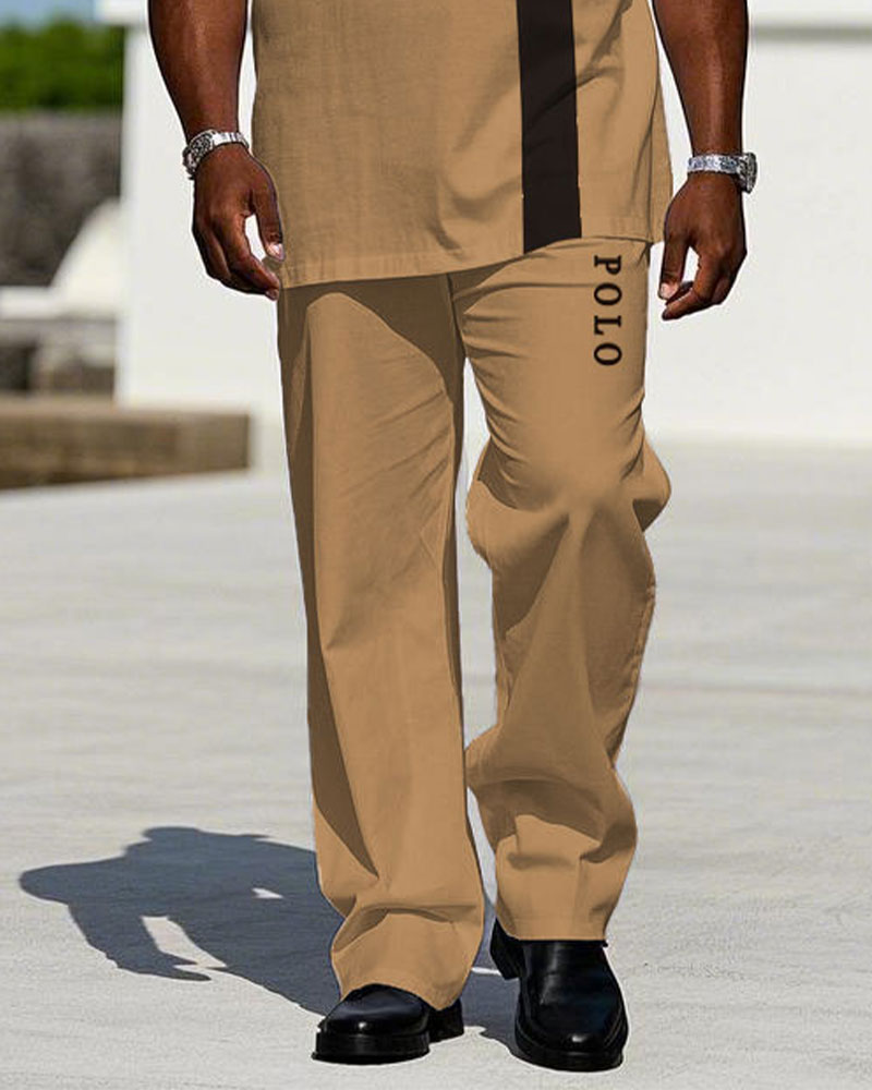 Men's Plus Size Khaki Color Block Logo Print Short-sleeved T-shirt Trousers Suit