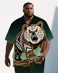 Big Guy's Defensive Bear Cartoon Gradient Effect Casual Short Sleeve Shirt Pants Set