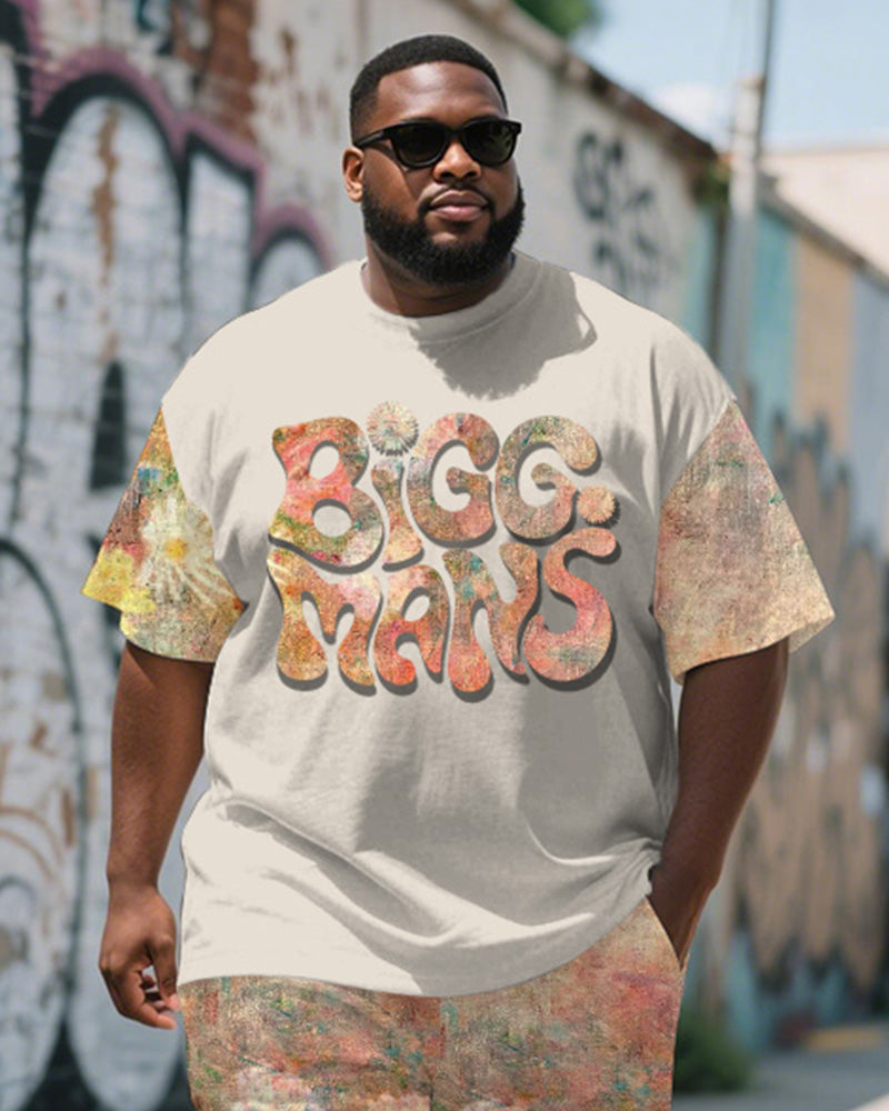 Men's Plus Size Street Graffiti Floral Alphabet Print Round Neck Short Sleeve T-Shirt Shorts Suit