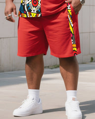 Men's Plus Size Chinese Red Creative Stripe African Figure Print T-Shirt Shorts Suit