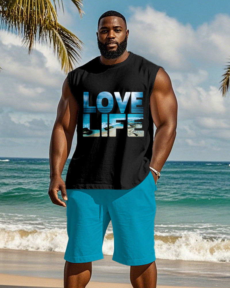 Men's Plus Size Hawaii LOVE LIFE Alphabet Print Tank Shorts Suit
