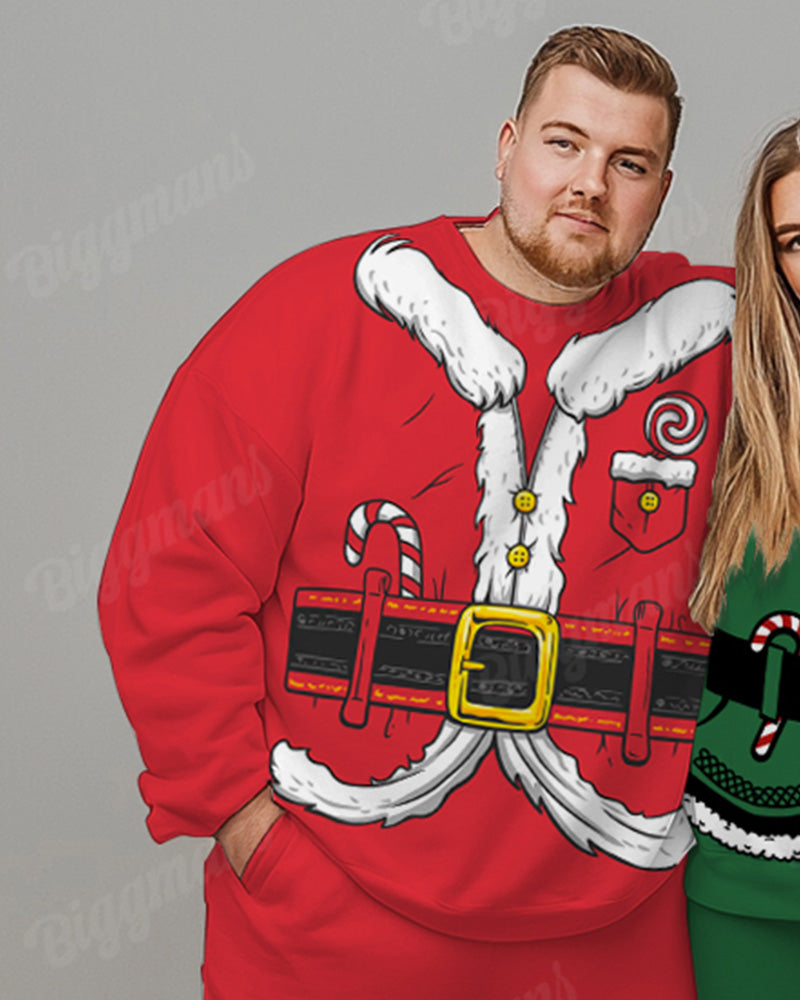 Couple Big and Tall Christmas Santa Elfie Cosplay Sweatshirt 2-Piece Set
