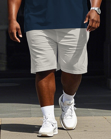 Big Men's Simple Blue Stripe Color Block Printed Short Sleeve Polo Shirt Shorts Set