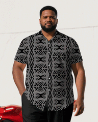 Big & Tall Men's Business Black Jacquard Retro Geometric Pattern Short Sleeve Shirt Pants Suit
