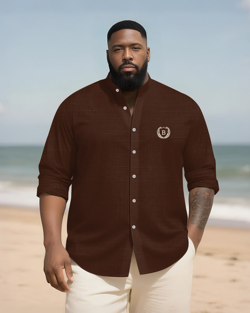 Big & Tall Men's Everyday College Style B Letter Icon Bamboo Hemp Texture Stand-up Collar Long Sleeve Shirt