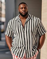 Big Men's-Hot Color Block Stripe Color Block Print Short Sleeve Shirt Shorts Suit