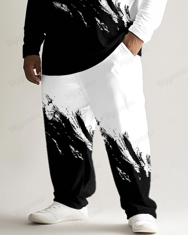 Fashion Casual Ink Letter Printing Long Sleeve Polo Lapel 2 Piece Set Men's Plus Size