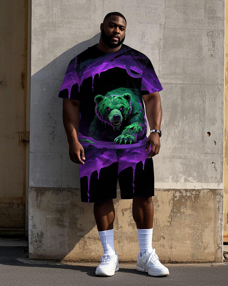 Big Men's Fear Bear Bold Printed Street Fashion Short Sleeve T-Shirt Shorts 2-piece Set