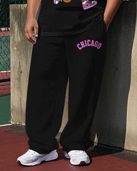 Big Men's Casual Cartoon Basketball Bear Athlete CHICAGO Printed Short Sleeve T-shirt Pants Set