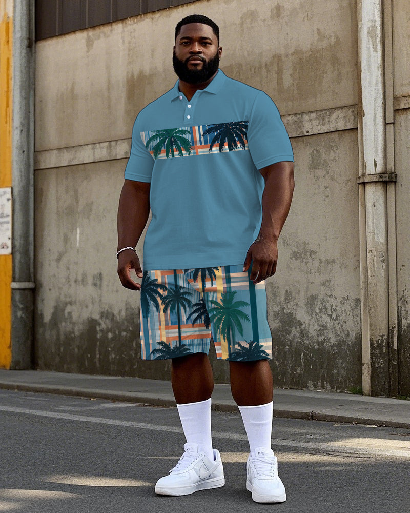 Big Men's Hawaiian Coconut Tree Geometric Pattern Printed Short Sleeve Polo Shirt Shorts Set