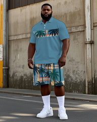 Big Men's Hawaiian Coconut Tree Geometric Pattern Printed Short Sleeve Polo Shirt Shorts Set