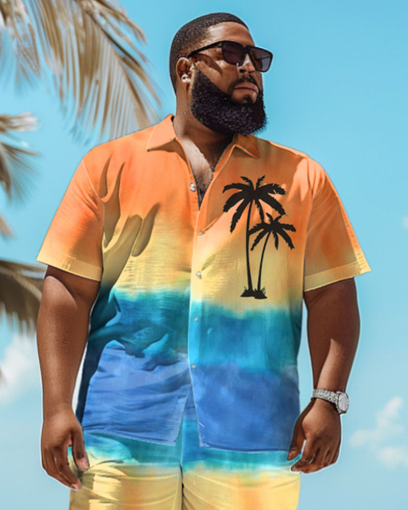 Big and Tall Guys Hawaiian Gradient Coconut Tree Print Shirt Shorts Set