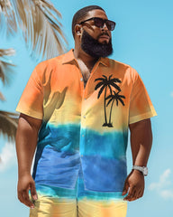 Big and Tall Guys Hawaiian Gradient Coconut Tree Print Shirt Shorts Set
