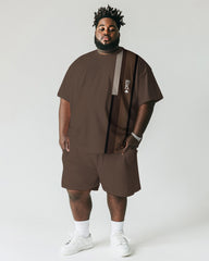 Men's Plus Size Brown Striped K Letter Print Short Sleeve T-Shirt Shorts Suit
