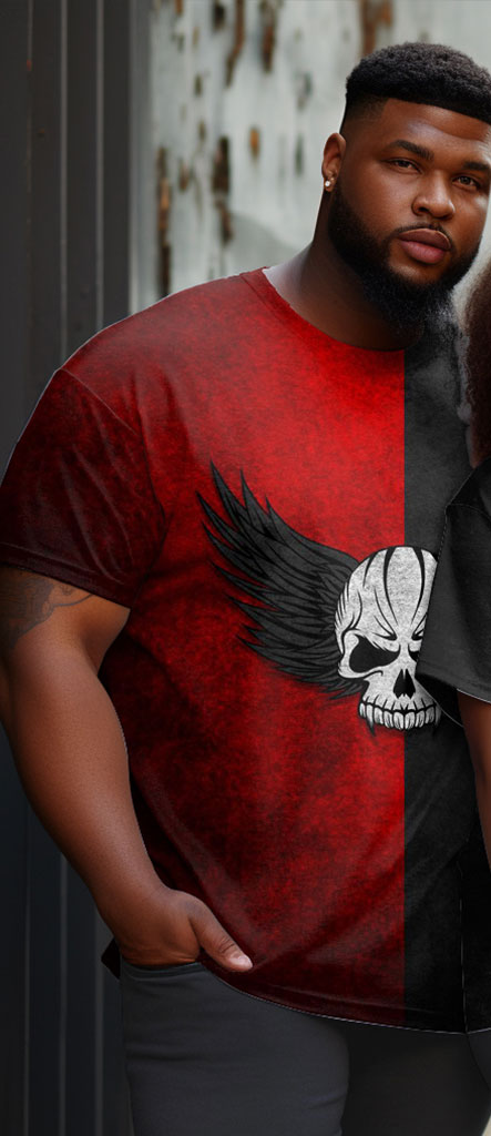 Couple Large Size Skull Wings Color Block Round Neck Short Sleeve T-Shirt