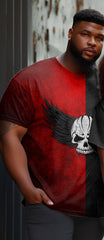 Couple Large Size Skull Wings Color Block Round Neck Short Sleeve T-Shirt