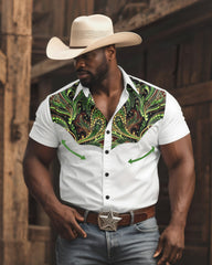Big & Tall Men's Western Color Block White & Green Short Sleeve Shirt